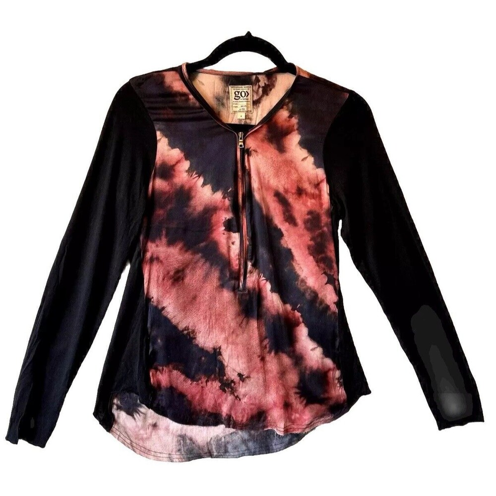 Go Silk Go‎ Zippy Womens Small Zip Front Long Sleeve Top Silk Blend Raw Hem Top